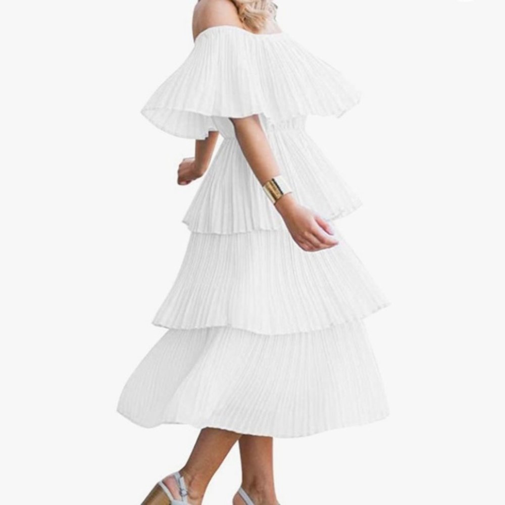 Off the Shoulder Pleated Midi Dress in LILAC